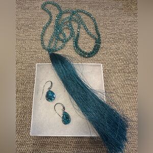 Elegant Blue Beaded Tassel Necklace and Earring Set Sparkley